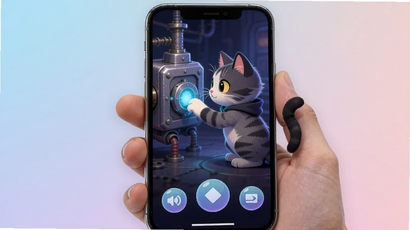 异次元的猫移动端操作界面展示,手机屏幕中猫咪角色正在点击机关,界面简洁,底部有虚拟按钮,背景为柔和渐变,体现单手操作便捷性