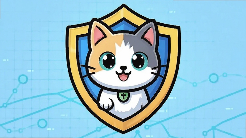 异次元的猫安全下载提示插画,卡通猫咪守护盾牌图标,背景为浅蓝色科技感网格,画面简洁明快,突出安全下载主题
