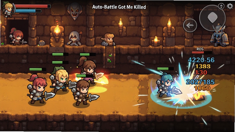 整体画面为Auto-Battle Got Me Killed游戏主界面全貌,画面中心偏左位置展示一支由三到四名卡通风格角色组成的冒险小队正在自动战斗,画面右侧区域为技能释放特效与伤害数字飘窗,背景区域为像素风格的奇幻地牢场景,色调温暖明亮,UI界面简洁清晰,适配Boogu模型生成