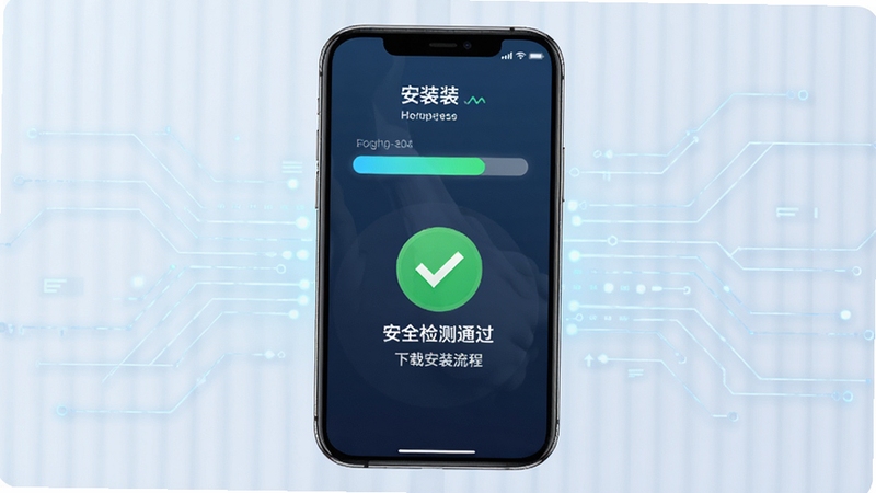 微多功能精准计算器下载安装流程示意图,手机屏幕显示安装进度条与安全检测通过标识,背景为浅色科技感线条