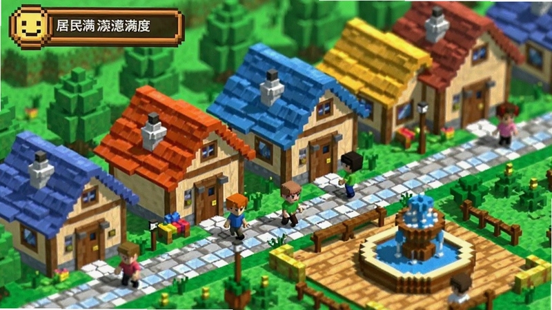 建造像素帝国居民社区场景,画面呈现一排彩色屋顶的像素小屋,屋前有居民走动,旁边设有小广场与喷泉,界面左上角显示居民满意度笑脸图标,整体氛围温馨热闹,像素细节丰富