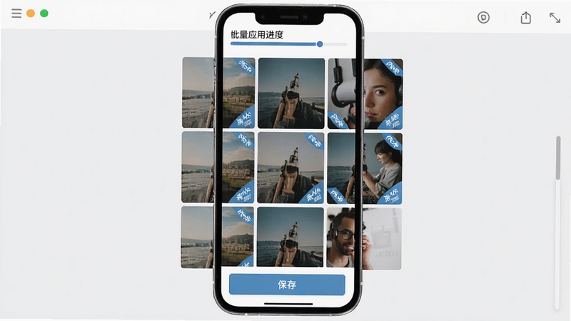 Mu水印批量处理功能界面展示,手机屏幕呈现九宫格图片预览列表,每张图片均带有统一角标水印,顶部显示批量应用进度条,底部有模板保存按钮,背景为简洁的浅灰色操作面板,整体突出高效批量化处理的工作流场景