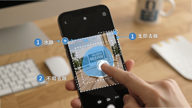 Mu水印操作教程示意图,画面为一只手手持手机,屏幕上显示水印去除的涂抹操作过程,手指正在图片上划出修复区域,周围有虚线框标注和步骤序号提示,背景为模糊的桌面环境,整体风格写实清晰,便于用户理解操作流程