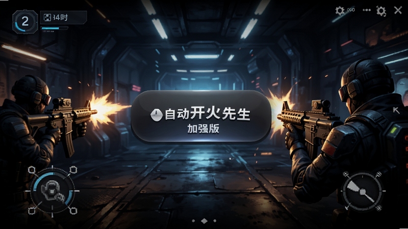 自动开火先生加强版软件图标与射击游戏界面融合展示,画面中央为软件启动按钮,背景为充满科技感的深色射击场景,高对比度光影效果,细节清晰