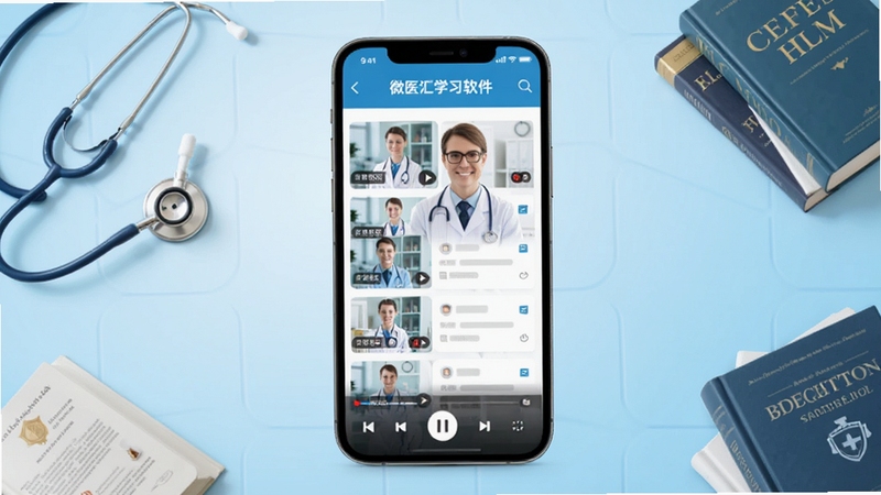 微医汇学习软件主界面展示,手机屏幕居中放置,画面主体为医学视频课程列表与播放界面,背景为浅蓝色渐变医疗风格,周围点缀听诊器、医学书籍等元素,整体清新专业,适配Boogu模型生成