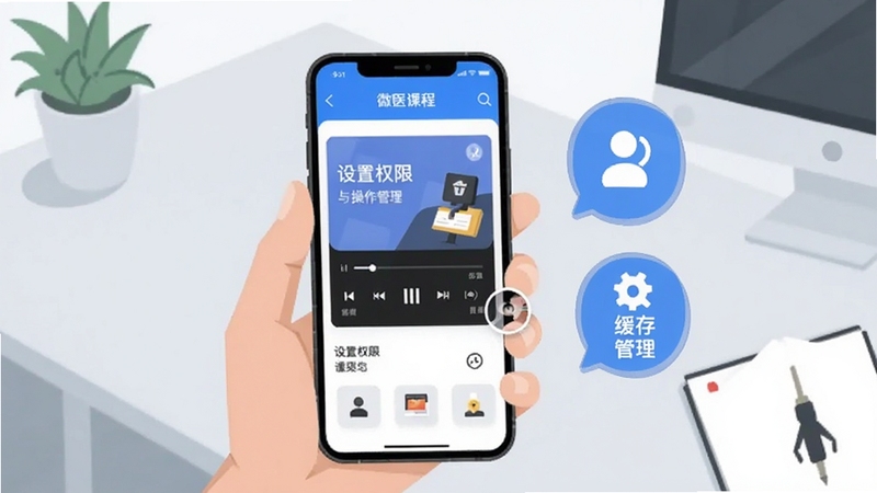 微医汇学习移动端操作界面截图风格插画,一只手拿着手机展示课程播放页面,旁边有设置权限与缓存管理的浮动图标,背景为简洁的浅灰色办公桌面,整体呈现教程指导的视觉风格