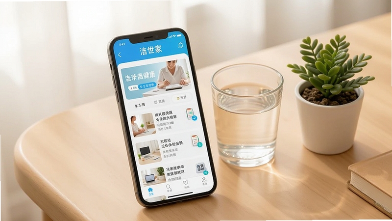 手机屏幕特写展示洁世家健康APP的资讯列表页面,旁边放置一杯温水与一盆小绿植,桌面整洁,光线柔和,突出阅读场景的舒适感