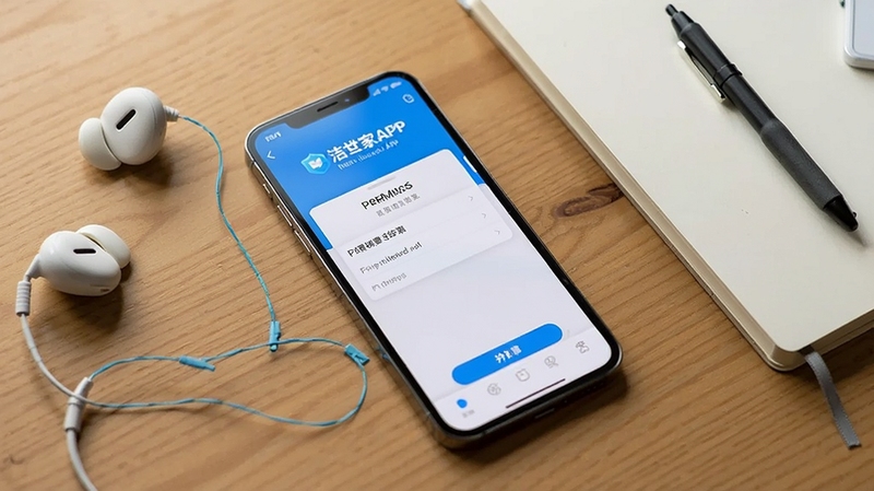 一部手机放置在木质桌面上,屏幕显示洁世家健康APP的权限设置界面,旁边有耳机与笔记本,画面干净利落,突出操作指引感