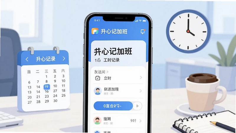 整体画面采用扁平化插画风格,中心位置放置一部智能手机,屏幕显示开心记加班应用的工时记录界面,日历与时钟元素环绕手机周围,背景为柔和的浅蓝色渐变办公场景,桌面整洁,光线明亮,画面右下角有咖啡杯与笔记本点缀,整体色调清新专业,适配Boogu模型生成