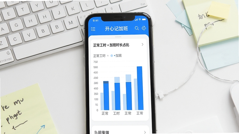 画面主体为开心记加班应用内的工时统计图表界面,手机屏幕显示柱状图与饼图,分别呈现正常工时与加班时长占比,背景为简约的办公桌面俯视图,键盘与便签纸作为点缀,整体风格干净利落,色彩以蓝白为主,突出数据可视化效果,适配Boogu模型生成