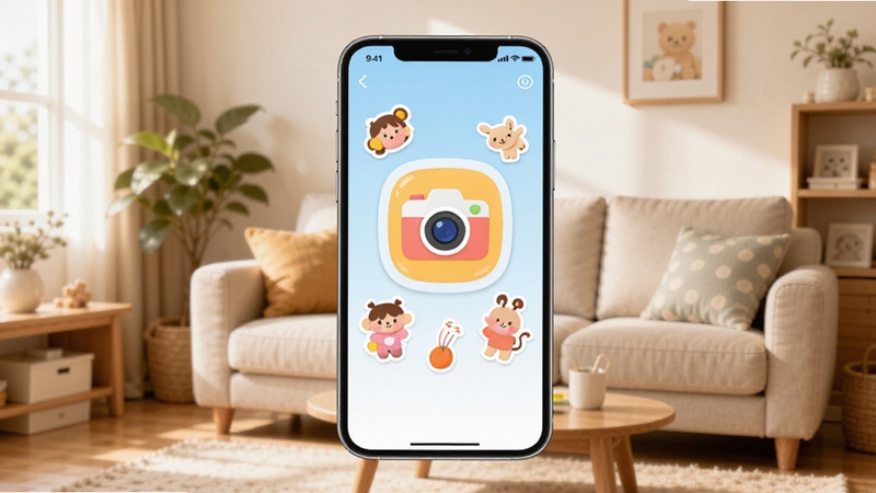 软件全貌概括图,画面中央是萌宝拍拍应用界面悬浮展示,界面内有儿童相机图标和萌趣贴纸元素,背景为温馨家庭客厅场景,柔和自然光,整体色调明亮温暖,构图居中,适配Boogu模型生成