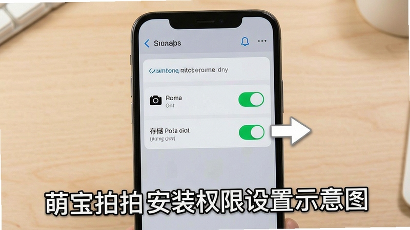 萌宝拍拍安装权限设置示意图,画面展示手机屏幕上的权限管理界面,相机和存储权限开关处于开启状态,界面简洁清晰,背景为浅色桌面,突出操作指引感