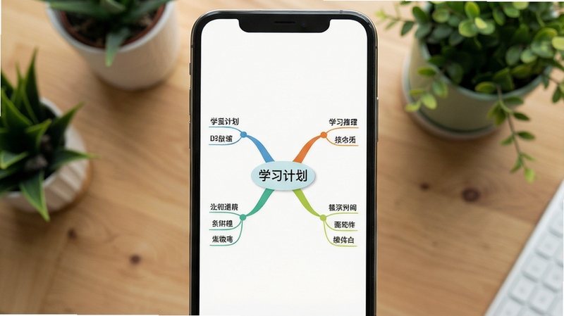 一张简洁美观的思维导图作品展示在手机屏幕上,中心主题为学习计划,五个彩色分支均匀展开,节点文字简短,配色清新协调,背景为木质桌面与绿植,整体呈现干净利落的视觉效果,突出思维导图Mind简作的排版美感,竖版构图