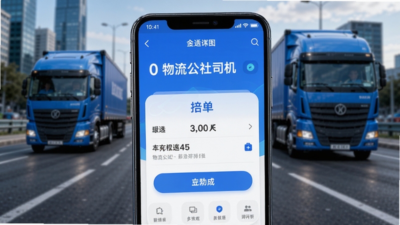 物流公社司机 安卓手机应用界面展示 货运司机接单场景 现代物流风格 蓝色主色调 手机屏幕特写 背景为城市道路与货车 高清写实
