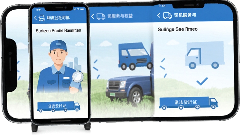 物流公社司机 司机服务与权益页面 手机应用界面 货运司机认证流程 蓝色扁平化设计 背景简洁