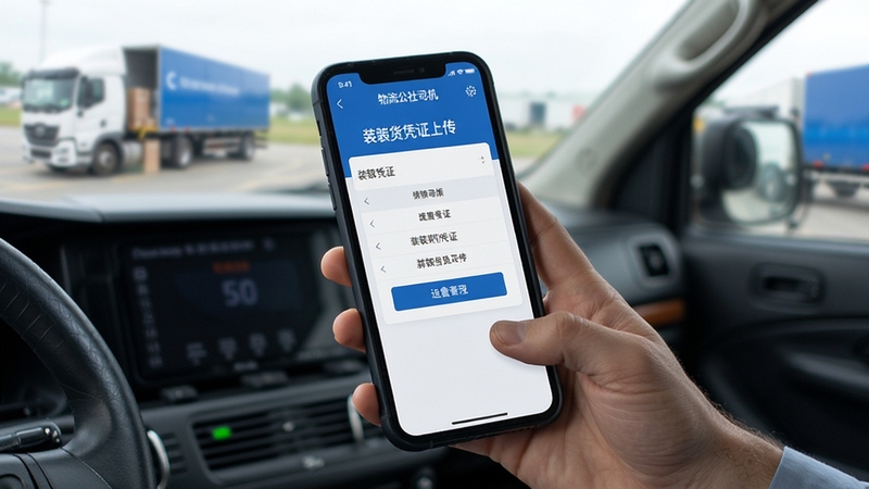 物流公社司机 运输任务管理页面 装卸货凭证上传界面 司机操作手机 物流场景 蓝色界面风格 细节清晰
