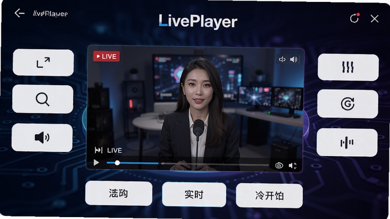 整体展示LivePlayer播放器主界面,画面中央为正在播放的直播视频窗口,四周环绕简洁的功能按钮,背景为深色科技感渐变,突出实时播放的流畅感与软件名称LivePlayer