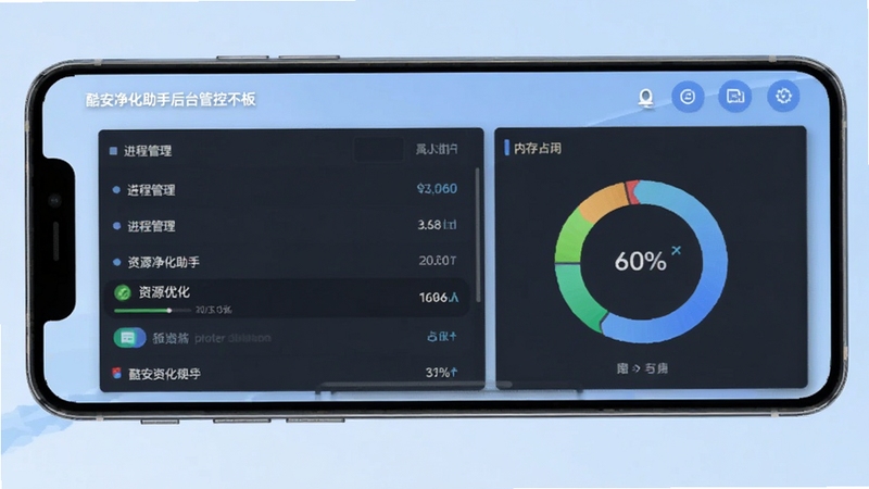 酷安净化助手后台管控面板,手机屏幕显示进程管理列表与内存占用环形图,背景为淡蓝色渐变,画面风格简约商务,横版布局,突出资源优化主题