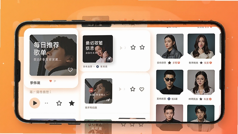 音乐App智能推荐页面,手机界面展示每日推荐歌单卡片与歌手头像墙,背景为暖橙色渐变,画面主体为手机屏幕中的歌单列表,细节包含播放按钮与收藏图标,风格现代扁平