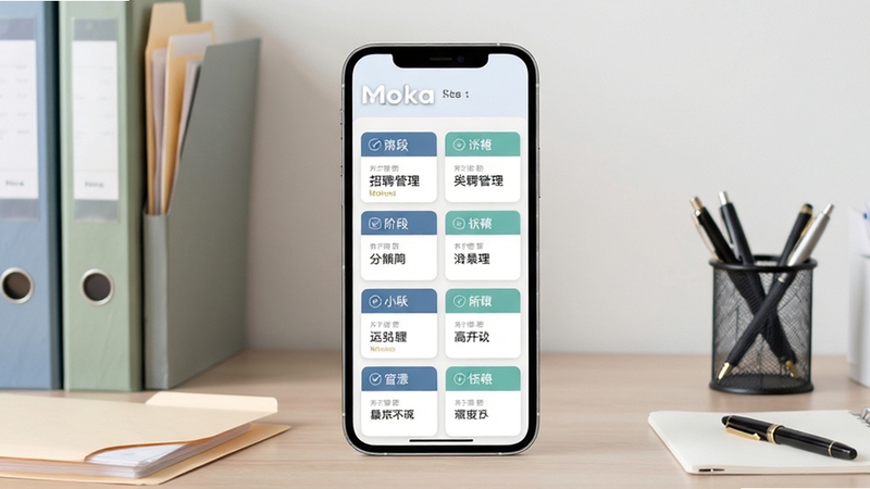 Moka软件候选人流程看板界面展示,竖屏手机居中,屏幕内呈现分列式招聘阶段卡片,背景为淡雅办公桌面,配以文件夹与笔筒元素,整体色调清新专业,突出Moka招聘管理主题