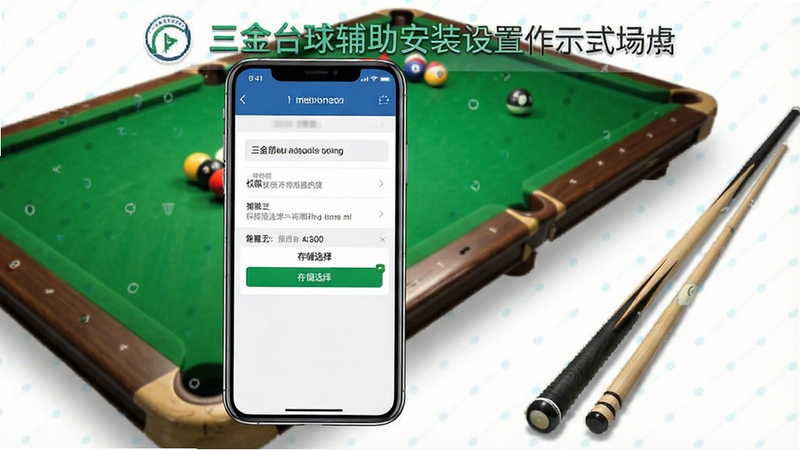 三金台球辅助安装设置操作示意场景,手机屏幕展示权限设置与存储选择界面,旁边有台球与球杆元素点缀,画面明亮清晰,风格偏教程演示类