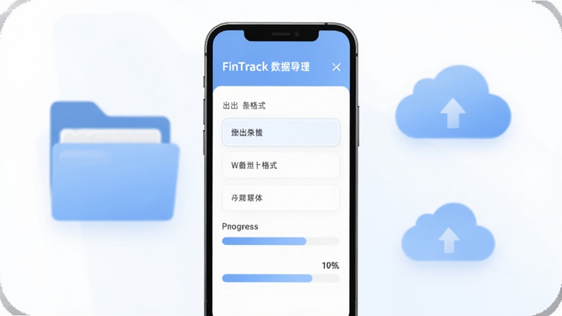 FinTrack 数据导出界面示意图,手机屏幕显示导出格式选项与进度条,背景有文件夹与云朵图标,色调为淡蓝与白色搭配,体现数据整理与备份的安心感