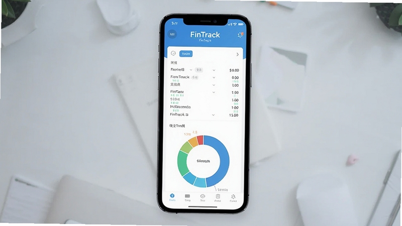 整体画面以手机屏幕为中心,展示 FinTrack 应用主界面,包含收支明细列表与环形统计图表,背景为浅灰蓝色渐变桌面环境,画面明亮干净,突出个人财务管理主题,居中构图,适配 Boogu 模型生成