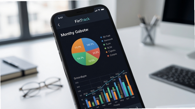 手机屏幕显示 FinTrack 月度报表页面,包含彩色饼图与柱状趋势图,数据标签清晰可见,背景为简约办公桌面,画面风格现代商务,突出数据可视化效果