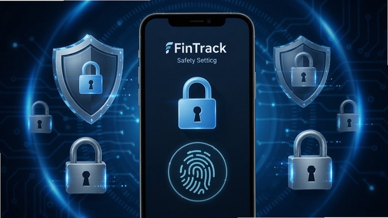 画面展示 FinTrack 安全设置界面,包含密码锁与指纹图标,手机周围环绕盾牌与锁具元素,背景为深蓝色科技感光晕,突出数据安全主题