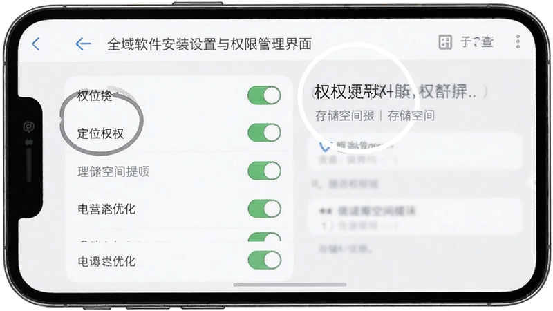 全域软件安装设置与权限管理界面示意,手机屏幕展示权限开关列表与存储空间提示,背景为简洁的浅灰色设置面板风格,突出定位权限与电池优化选项