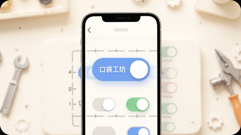 口袋工坊简洁交互界面展示,画面主体为手机屏幕内放大的按钮与开关组件,坐标居中,背景区域为柔和的米白色工作区,配合浅阴影与圆角元素,体现干净利落的界面设计感