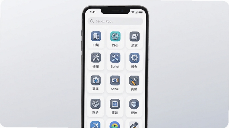 口袋工坊APP首页卡片式工具聚合界面,安卓手机屏幕展示,简洁白色背景,工具图标整齐排列,顶部搜索栏,UI设计清爽,科技感适中,画面主体居中,背景为浅灰渐变