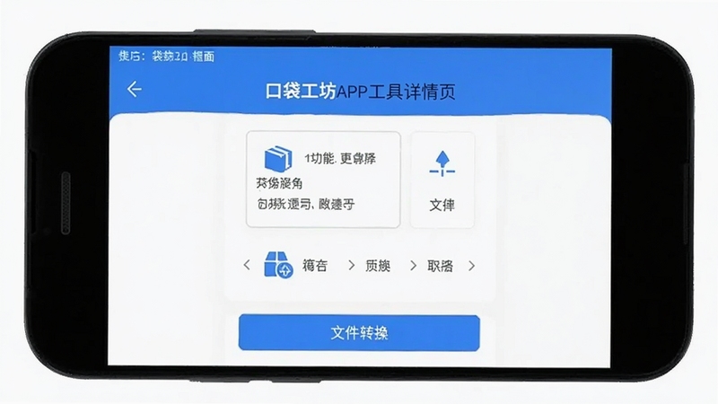 口袋工坊APP工具详情页界面,展示文件转换功能操作面板,安卓手机竖屏,界面元素简洁,蓝色主色调,按钮清晰,背景为纯白,画面焦点在手机屏幕中央