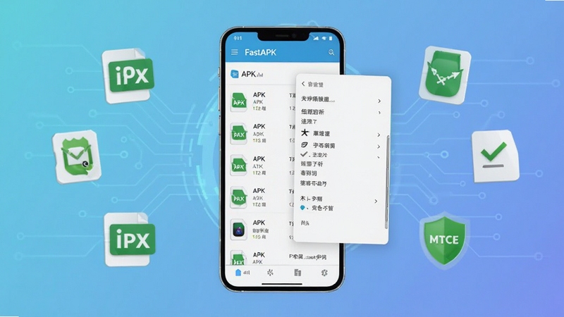 FastAPK����������չʾ���ֻ���Ļ������ʾAPK�ļ��б������������壬����Ϊǳɫ����Ƽ������Χ���ư�װ��ͼ����У���ʶ������������������Booguģ������