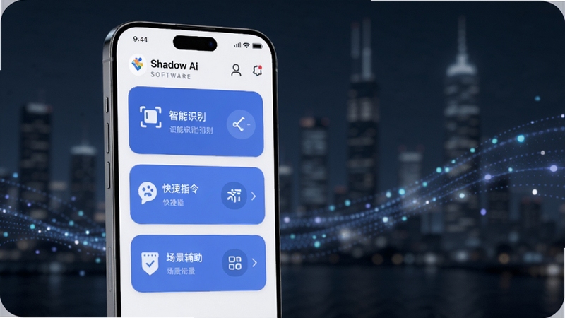 ���廭���ԿƼ�������ջ�Ϊ��ɫ������������ƫ��λ�÷���һ�������ֻ����ֻ���Ļ����ʾShadow Ai�����������棬�����������ʶ�𡢿��ָ����������������ܿ�Ƭ����������Ϊ�黯�ĳ���ҹ�������������ݹ�㣬���������ִ���ͻ����������ȫò������Booguģ������