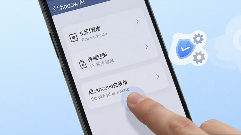 ����չʾһ����׿�ֻ�����д���ֻ���Ļ��ʾShadow Ai�����ý��棬�����а���Ȩ�޹������洢�ռ䡢��̨����������ѡ�Ƭ��һֻ��������洢�ռ俨Ƭ����Ļ�Ա�Ư���Ŷ�������ֵ�ͼ��Ԫ�أ�����Ϊ��͵�ǳ��ɫ���䣬���������¼�࣬ͻ����װ������Ȩ�޹�������
