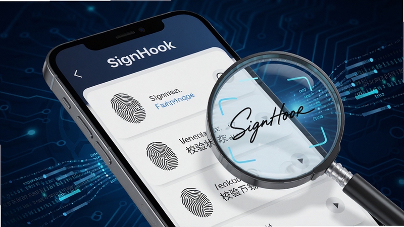 SignHook签名识别功能展示图,手机屏幕特写显示签名信息列表,包含签名指纹与校验状态,背景为深色科技渐变,画面中带有放大镜与数据流元素,突出精准识别的视觉感受
