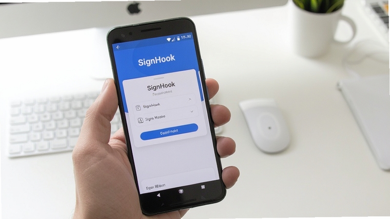 SignHook移动端操作示意图,画面为一只手握持安卓手机,屏幕显示SignHook权限设置与安装引导界面,背景为简洁的桌面环境,光线明亮,突出上手操作的便捷性