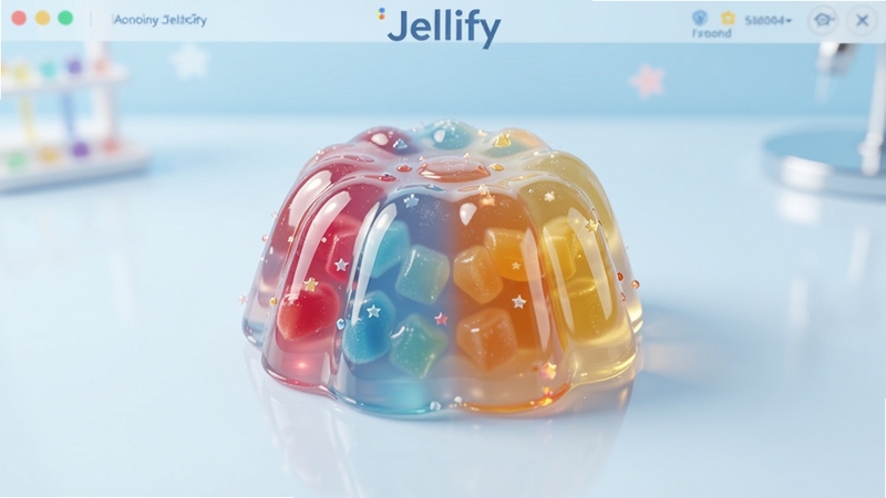 Jellify软件主界面中央展示一块晶莹剔透的彩色果冻,背景为淡蓝色渐变桌面环境,画面风格清新明快,突出果冻的软弹质感和光泽细节
