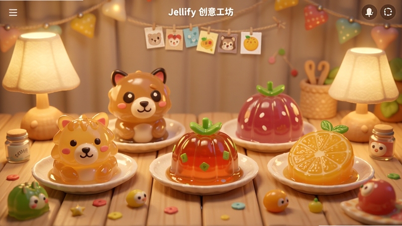 Jellify创意工坊界面中摆放着动物和水果造型的果冻作品,周围有柔和灯光与装饰元素,画面温馨有趣,体现造型创作乐趣