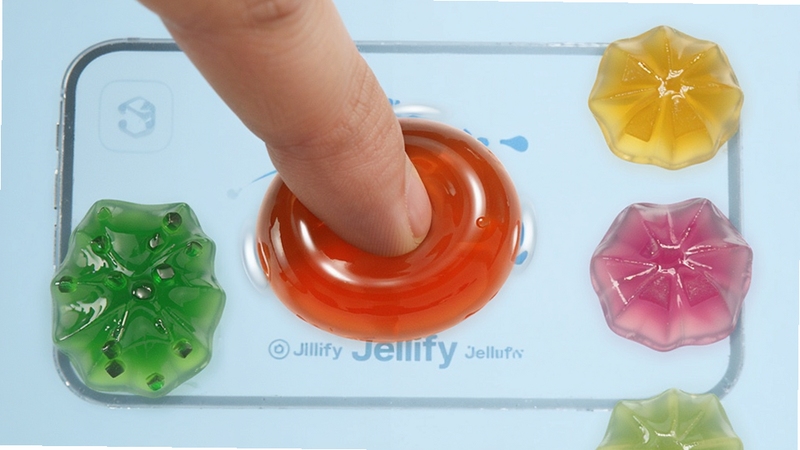 Jellify应用内展示多块不同颜色果冻被手指按压变形的瞬间,画面捕捉形变细节与高光反射,背景简洁柔和,体现物理互动趣味