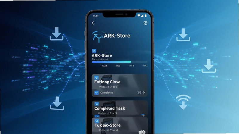 一部安卓手机屏幕中央显示 ARK-Store 的下载管理界面,进度条清晰可见,旁边有多个已完成任务卡片;背景为深蓝到浅蓝的渐变,点缀数据流光线与下载图标,突出速度与稳定感