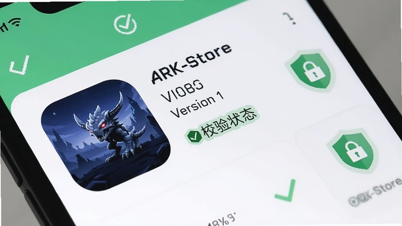 画面为 ARK-Store 应用详情页特写,手机屏幕上显示应用图标、版本号与校验状态标识,旁边有盾牌形状的安全图标;背景采用浅灰白极简风格,搭配淡绿色对勾元素,传达安全可靠的感觉
