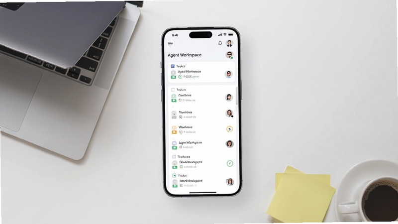 ����������һ������ڷŵ������ֻ�����Ļ��չʾ Agent Workspace �Ŀ�Ƭʽ����̨���棬���������б���Э��ͷ�񣻱���Ϊǳ��ɫ����칫���棬���ϽǷ���һ̨�뿪�ıʼǱ����ԣ����½ǵ�׺��ǩ�뿧�ȱ��������������������� Boogu ģ������