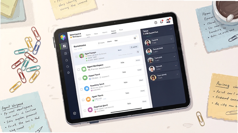 �����ӽǵİ칫������ƽ����һ̨ƽ����ԣ���Ļ��ʾ Agent Workspace ����Ϣ�ۺ��б����Ŷ�Э����壬��Χɢ���ɫ����������д��ǩ��������ͣ����������������廭���