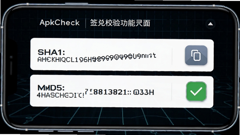 ApkCheckǩ��У�鹦�ܽ��棬�ֻ���Ļ��ʾSHA1��MD5��ϣֵ�ַ������Ա��и��ư�ť��Թ�ͼ�꣬����Ϊ��ɫ�Ƽ�����������ͻ������У����Ͻ���