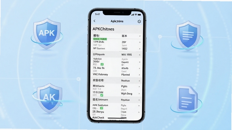 ApkCheck����������չʾ����������Ϊ�ֻ���Ļ��д����Ļ����ʾAPK�ļ�������б��������������汾��ǩ��״̬����Ϣ������Ϊǳɫ�Ƽ��н��䣬���ܵ�׺�������ļ�ͼ��Ԫ�أ���������ˬ��࣬����Booguģ������