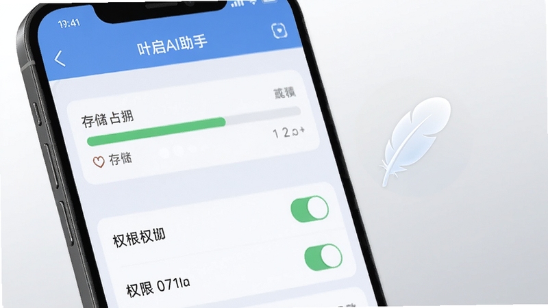 手机屏幕特写展示叶启AI助手的设置页面,可见存储占用条与权限开关列表,旁边悬浮一个半透明的羽毛图标象征轻量,背景为浅灰渐变,整体风格简约干净,突出软件小巧省资源的特征