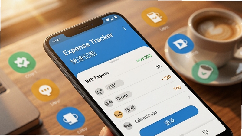 һ����׿�ֻ���Ļ��д����ʾ Expense Tracker �Ŀ��ټ��˽��棬����ͼ�껷���ֻ���Χ������Ϊůɫ�������뿧�ȱ���������Ϊдʵ��Ʒ��Ⱦ��ǿ����ݲ���