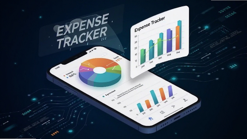 Expense Tracker Ӧ�õ�����ͳ�ƽ��棬��ɫ��ͼ����״ͼ�������ֻ��Ϸ�������Ϊ��ɫ�Ƽ��н�����������������������Ϊ�ִ���ƽ�廭���������ܱ�����������